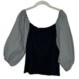 Who Wear What When Where Women's Plaid Puff Sleeve Black Blouse Size L NWT
